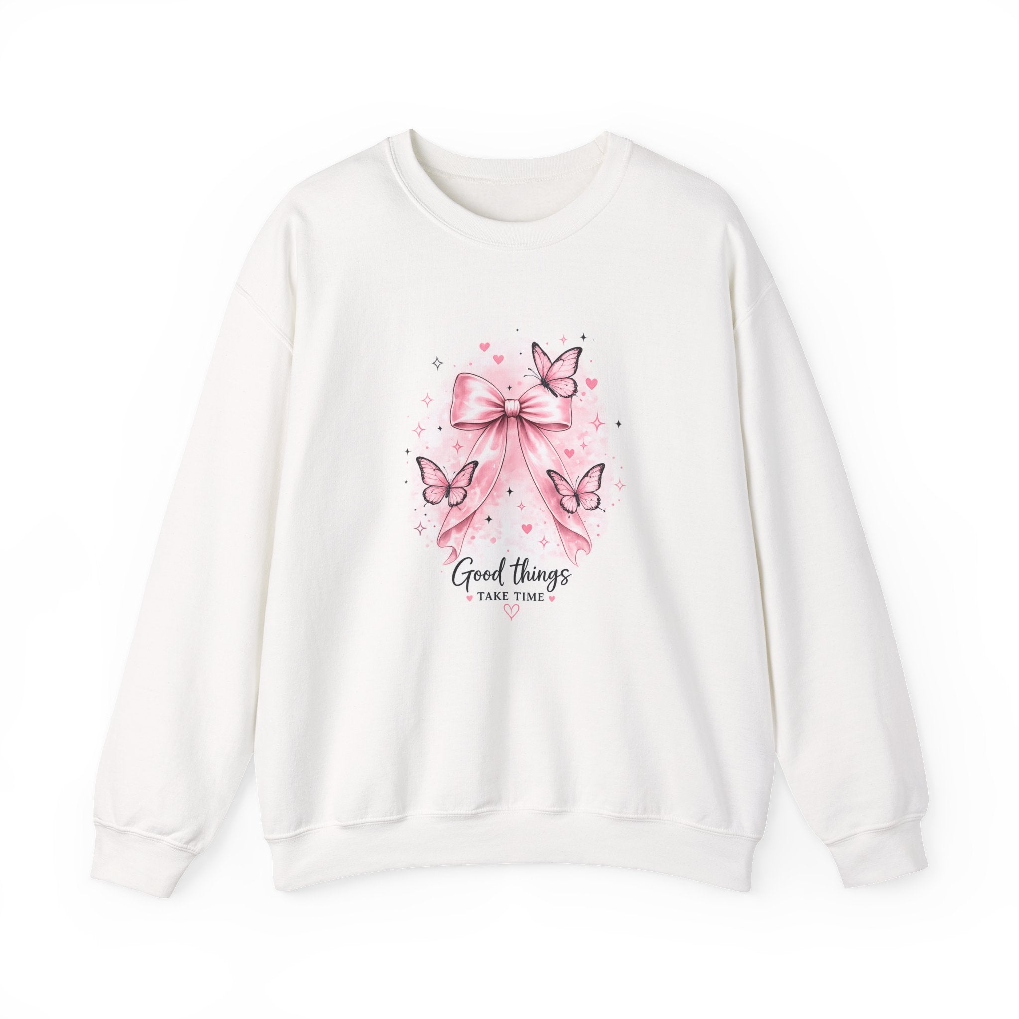 Pink Bow & Butterfly Sweatshirt – “Good Things Take Time” Inspirational Crewneck