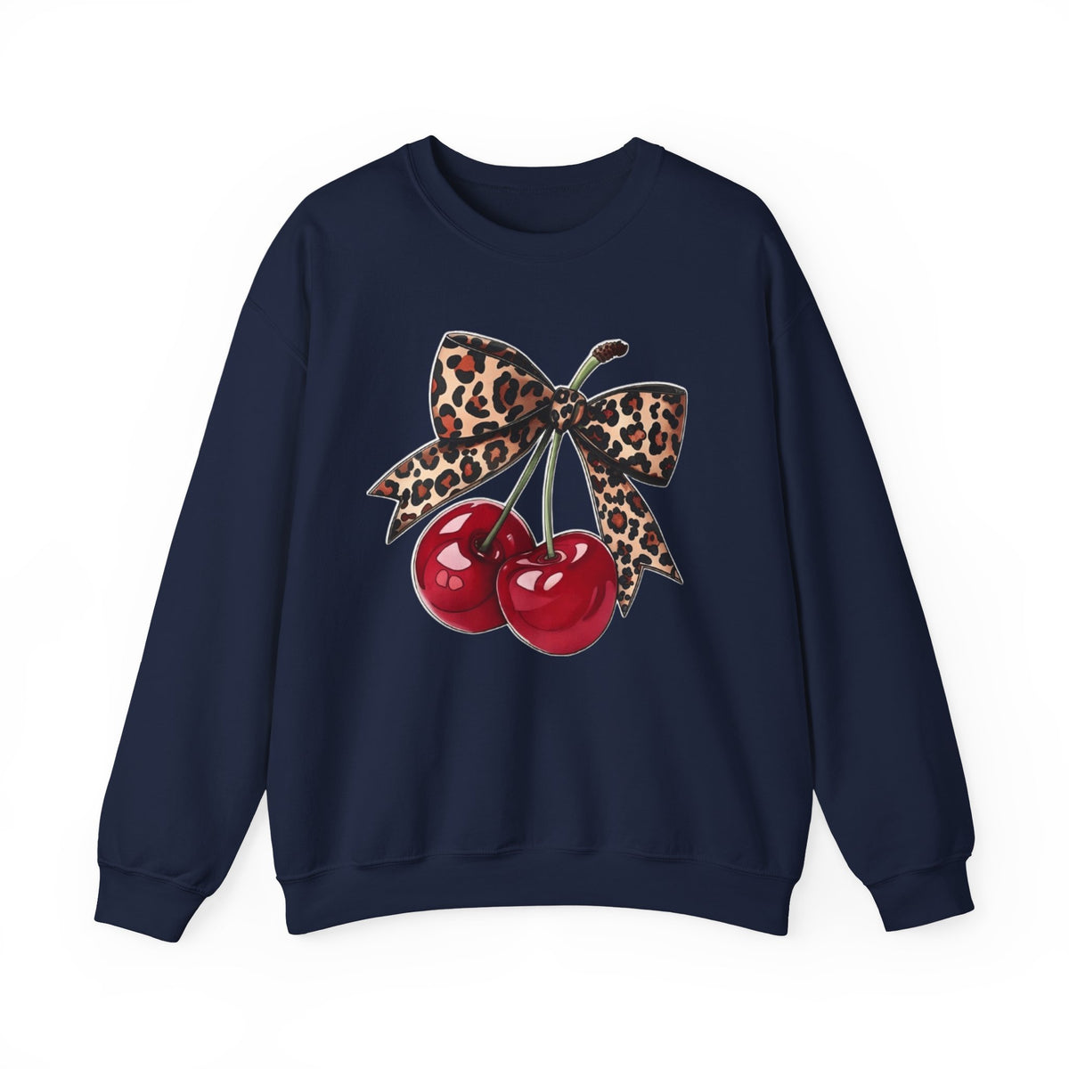 Cherry Pair Sweatshirt with Leopard Bow – Retro Pinup Graphic Crewneck