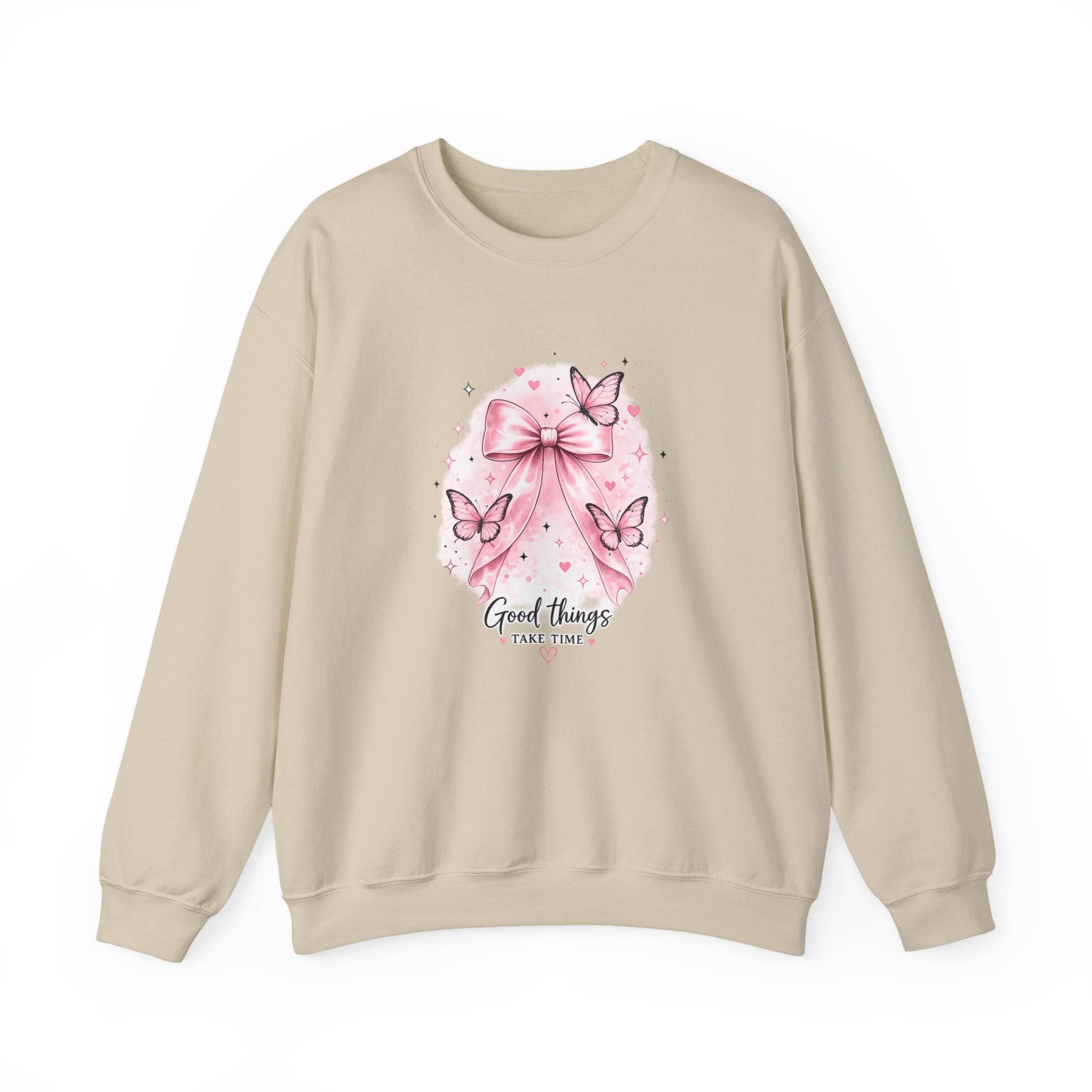Pink Bow & Butterfly Sweatshirt – “Good Things Take Time” Inspirational Crewneck