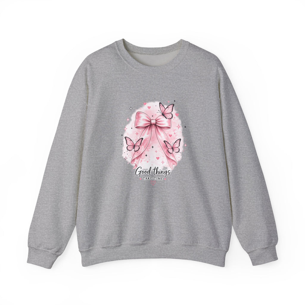 Pink Bow & Butterfly Sweatshirt – “Good Things Take Time” Inspirational Crewneck