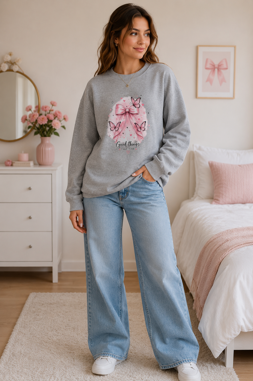 Pink Bow & Butterfly Sweatshirt – “Good Things Take Time” Inspirational Crewneck