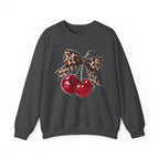 Cherry Pair Sweatshirt with Leopard Bow – Retro Pinup Graphic Crewneck