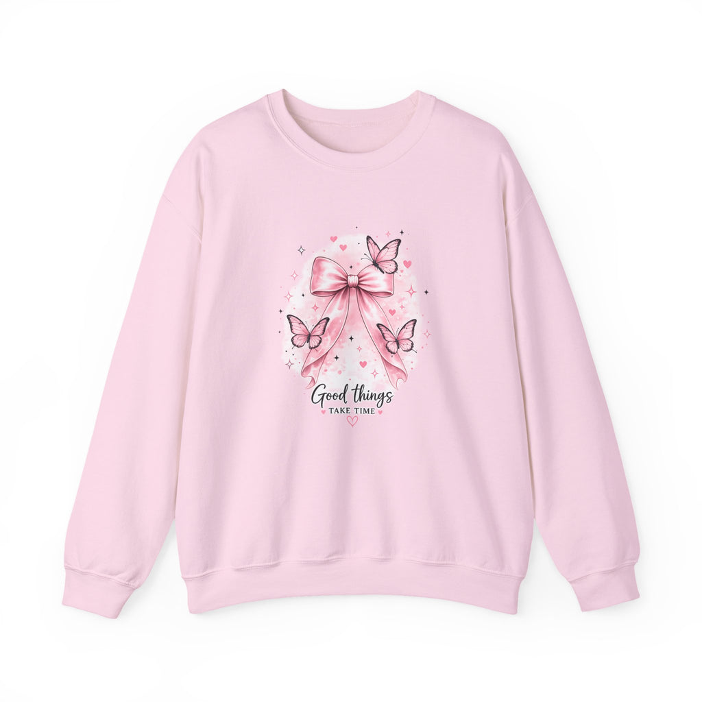 Pink Bow & Butterfly Sweatshirt – “Good Things Take Time” Inspirational Crewneck