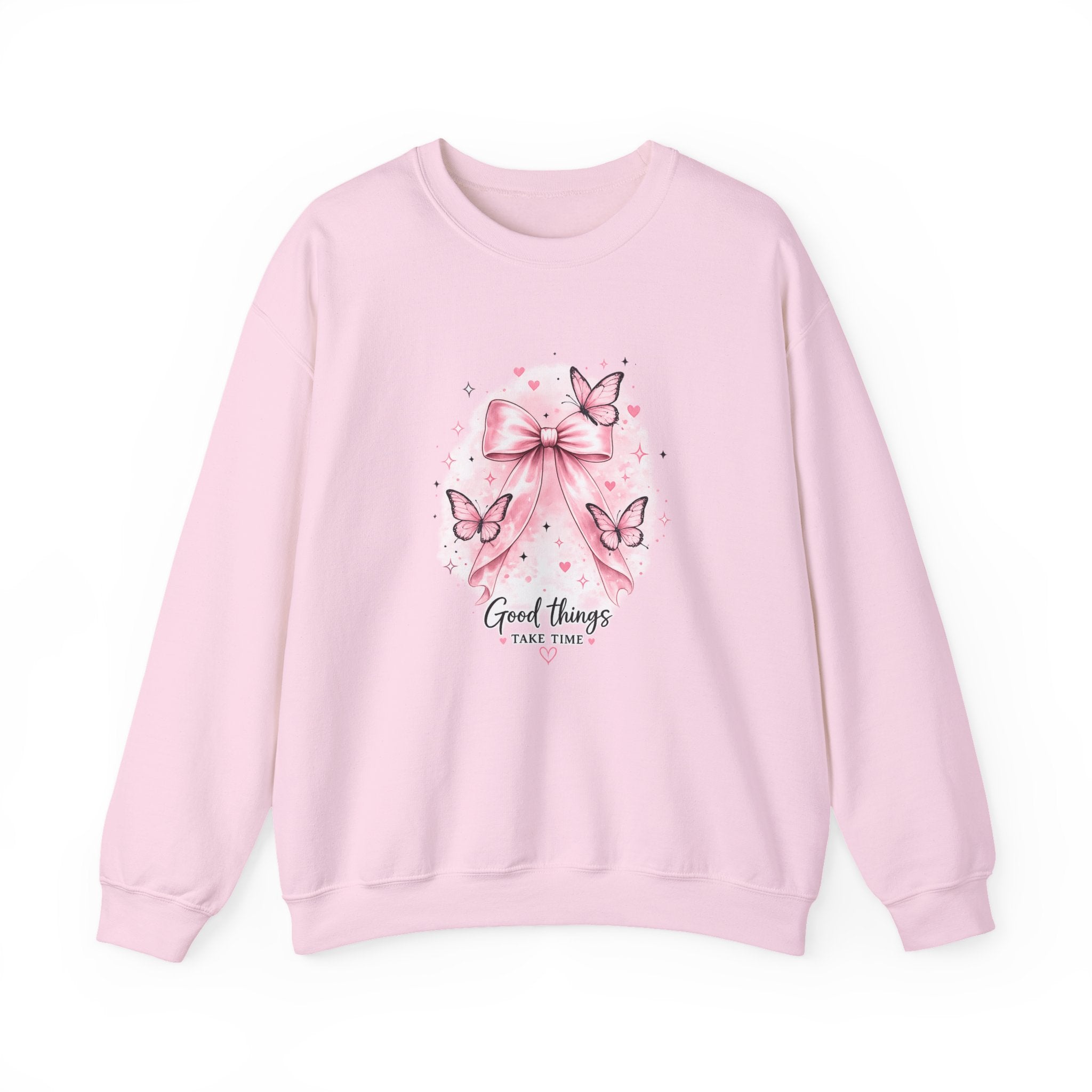 Pink Bow & Butterfly Sweatshirt – “Good Things Take Time” Inspirational Crewneck