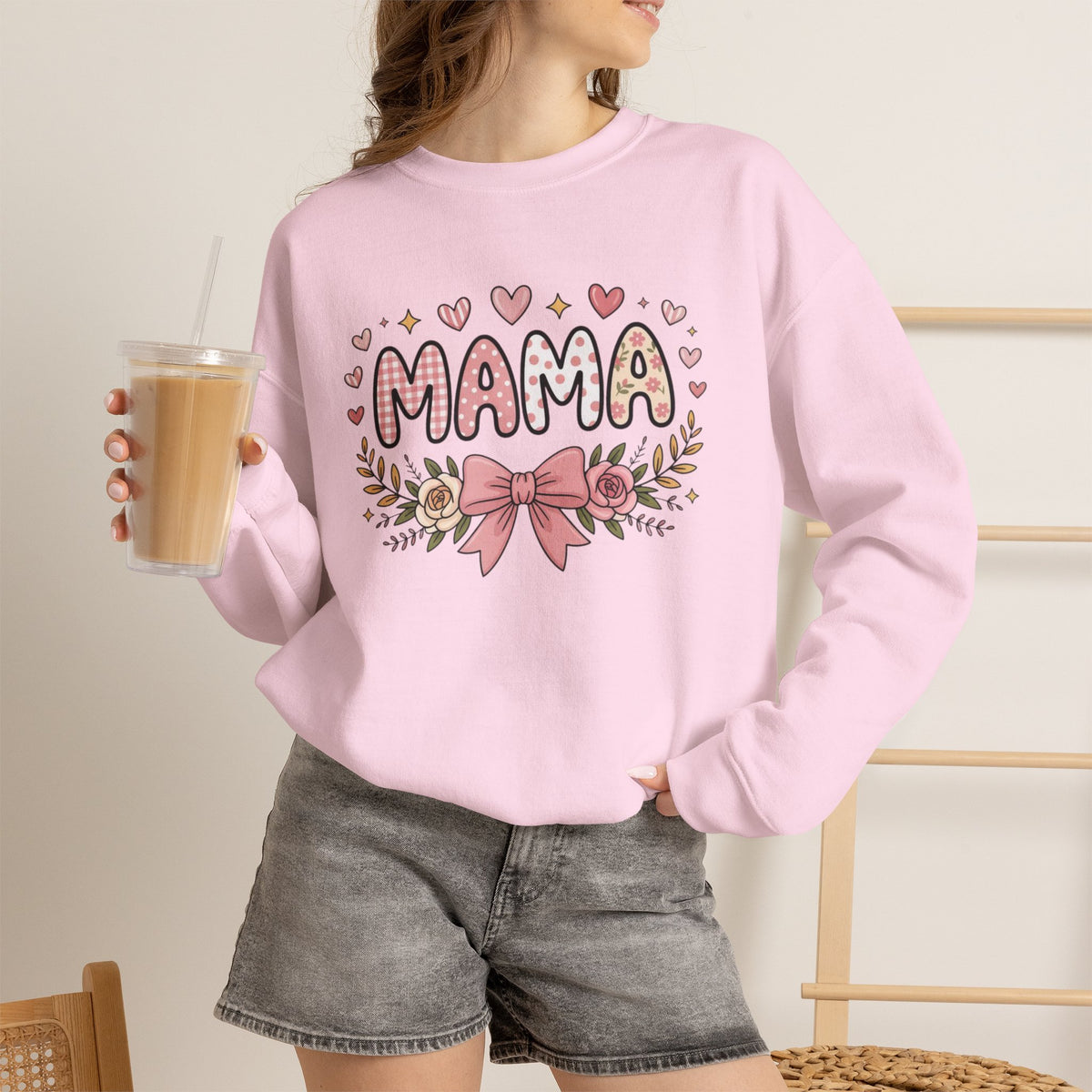 Mama Floral Sweatshirt — Pink Hearts & Bow Mother's Day Pullover