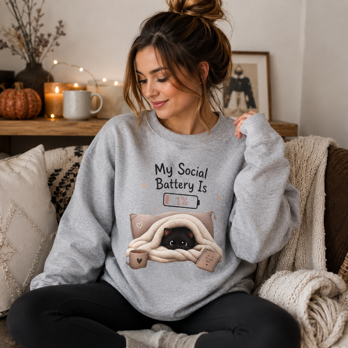 Crewneck Sweatshirt — "My Social Battery Is" Cozy Cat Low Battery Graphic