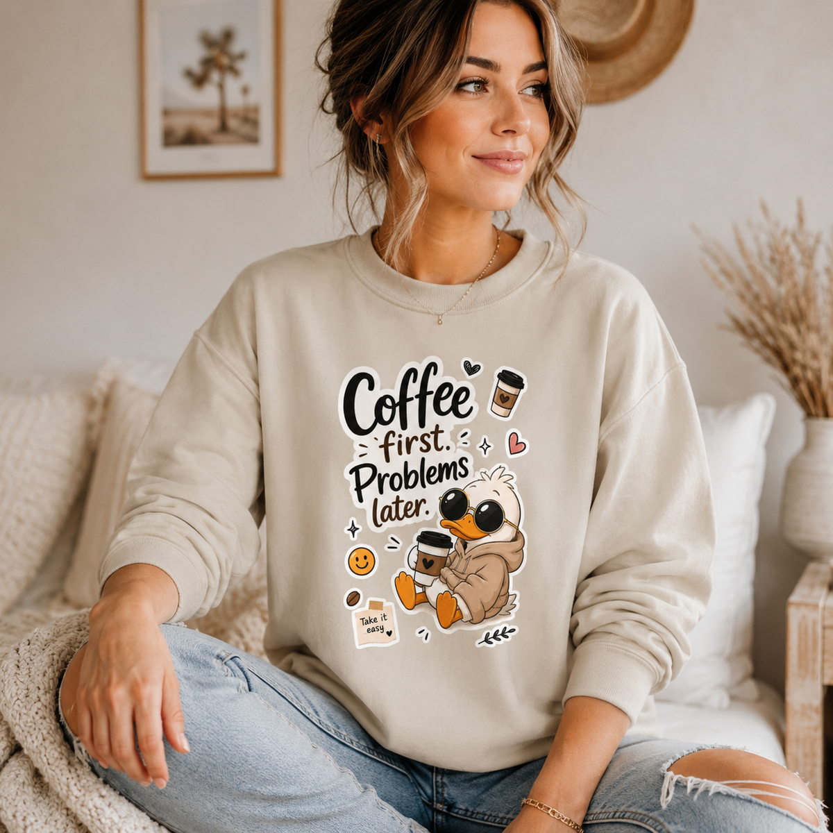 Coffee First Crewneck Sweatshirt — Cozy Cute Duck "Coffee first. Problems later." Design