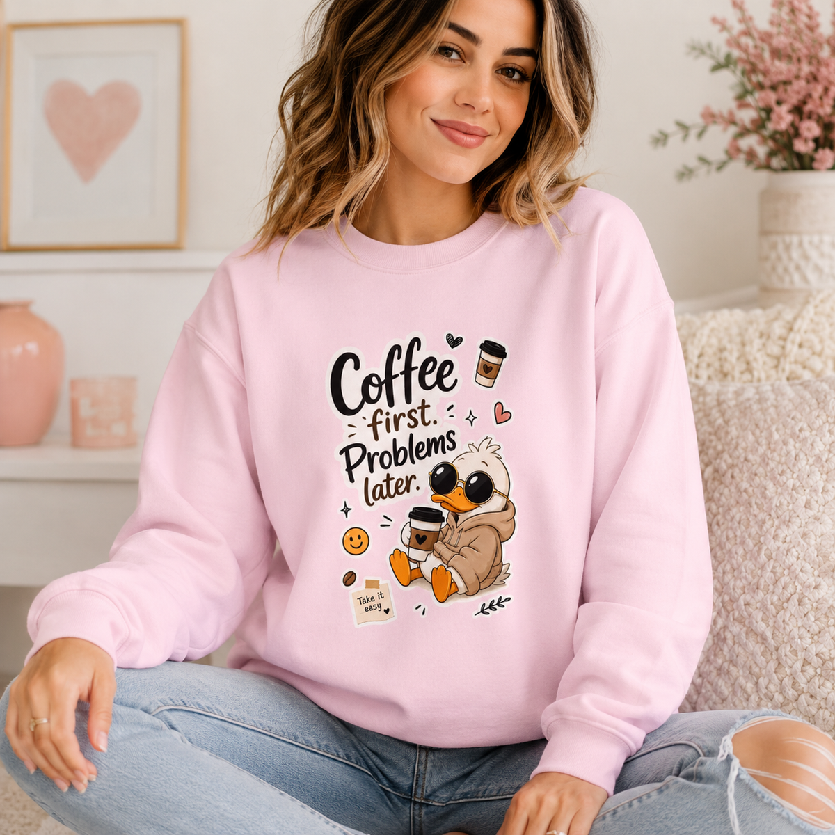 Coffee First Crewneck Sweatshirt — Cozy Cute Duck "Coffee first. Problems later." Design
