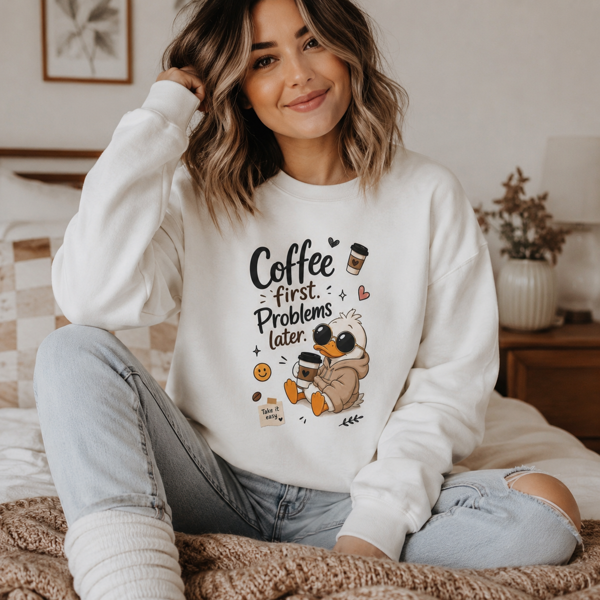 Coffee First Crewneck Sweatshirt — Cozy Cute Duck "Coffee first. Problems later." Design
