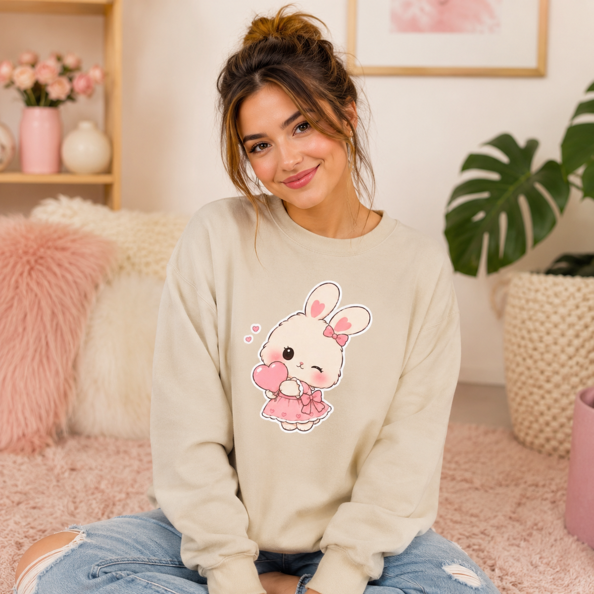 Cute Pink Bunny Heart Sweatshirt