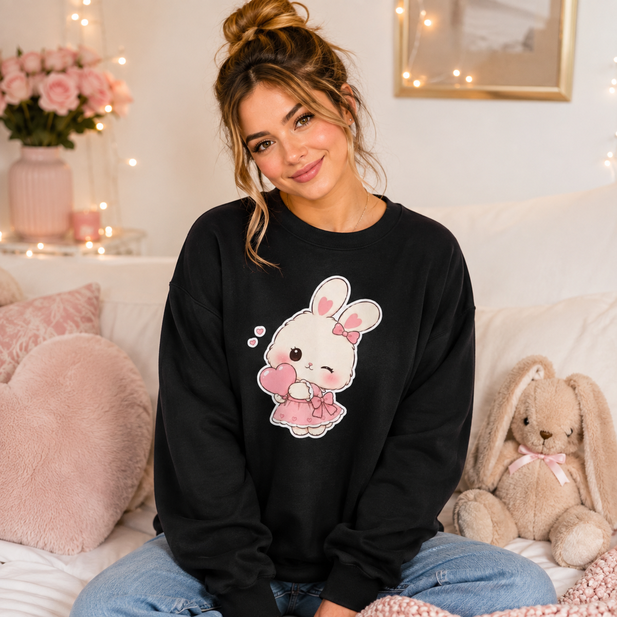 Cute Pink Bunny Heart Sweatshirt