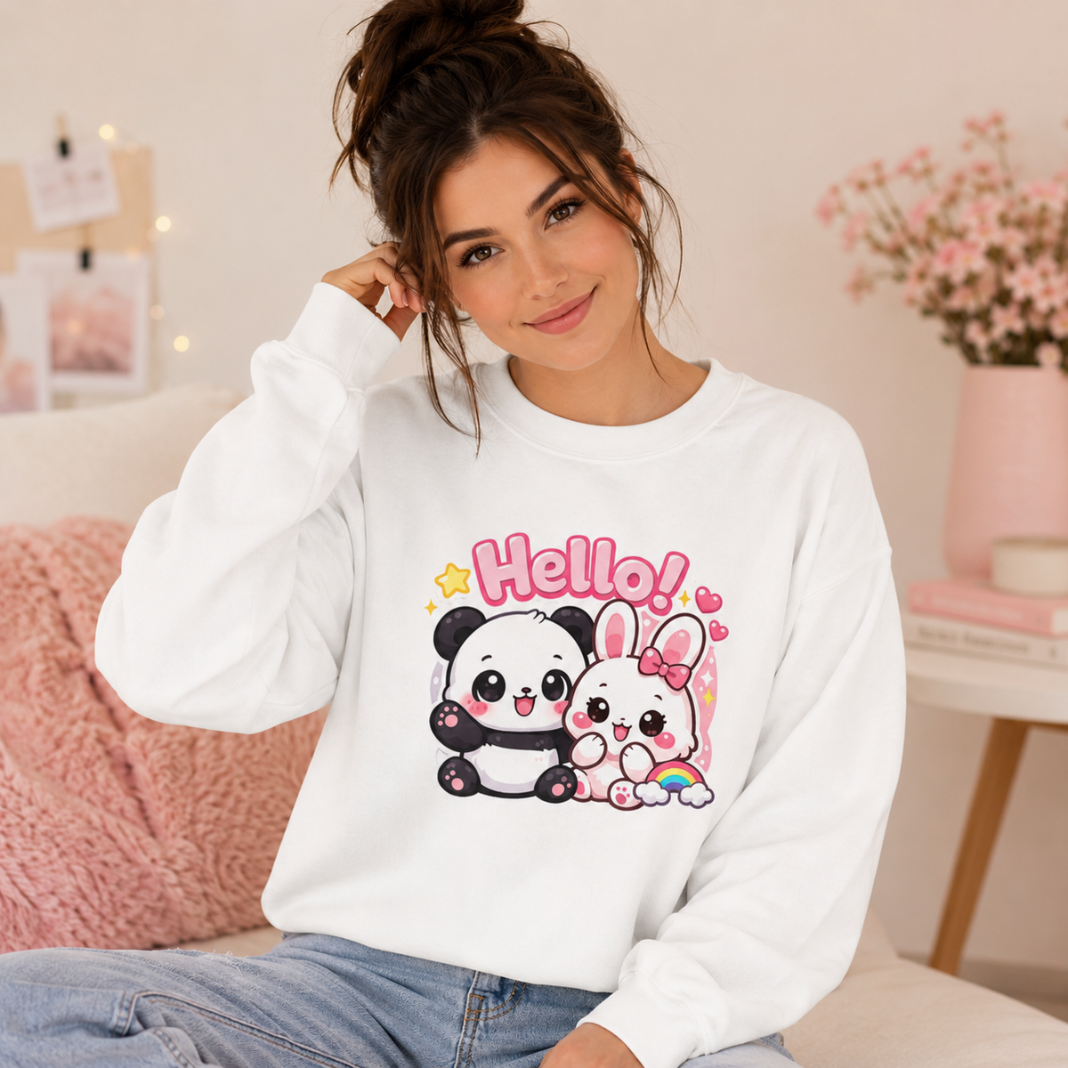 Hello! Cute Panda & Bunny Crewneck Sweatshirt – Kawaii Cartoon Pullover