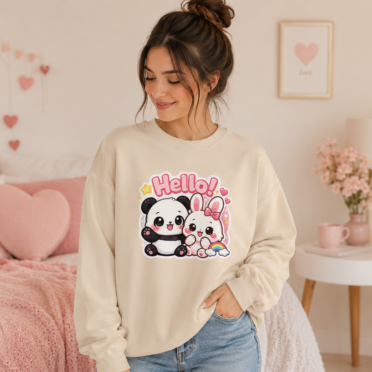 Hello! Cute Panda & Bunny Crewneck Sweatshirt – Kawaii Cartoon Pullover