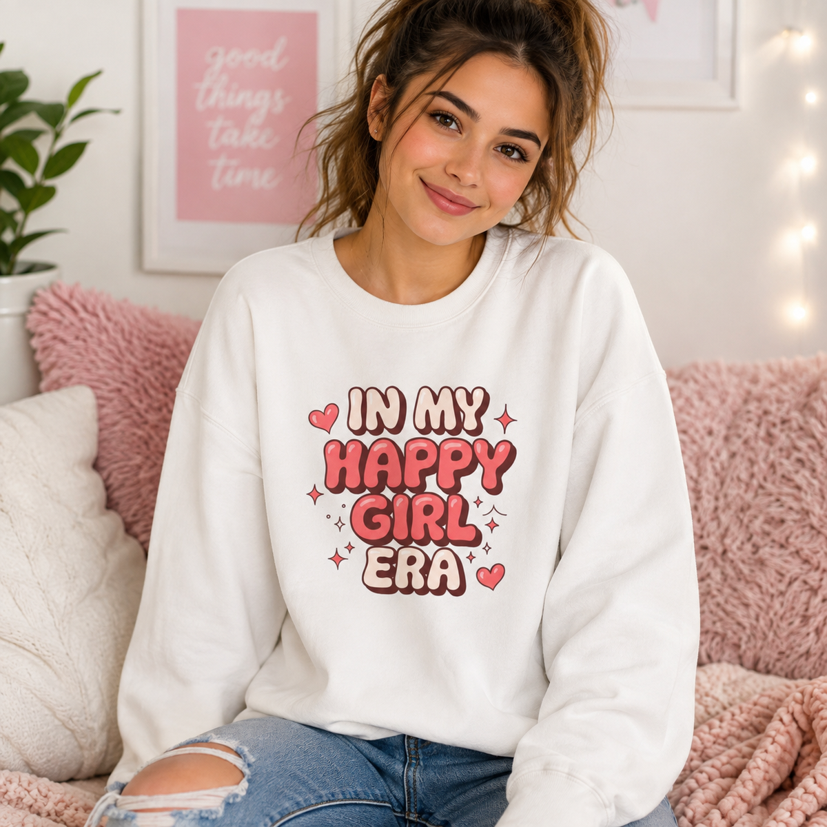 Happy Girl Era Crewneck Sweatshirt — "In My Happy Girl Era" Cozy Graphic Pullover