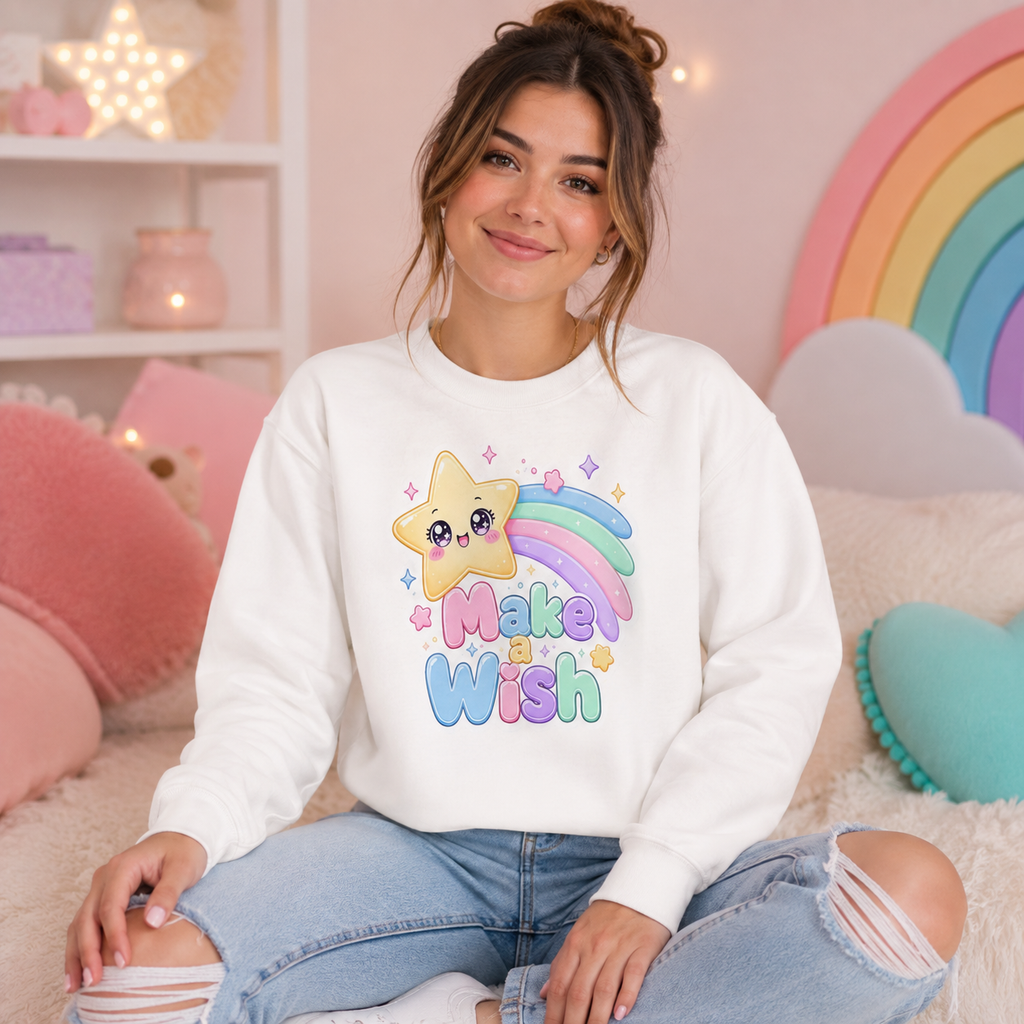 Make a Wish Crewneck Sweatshirt — Cute Kawaii Star Rainbow Pullover