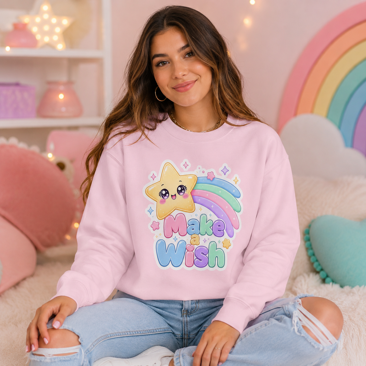 Make a Wish Crewneck Sweatshirt — Cute Kawaii Star Rainbow Pullover