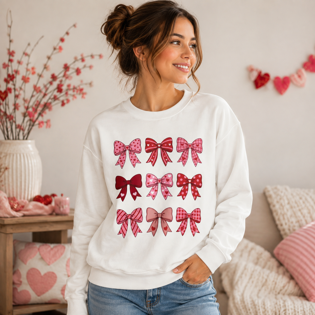 Pink Bow Pattern Crewneck Sweatshirt — Cute Ribbon Graphic Pullover