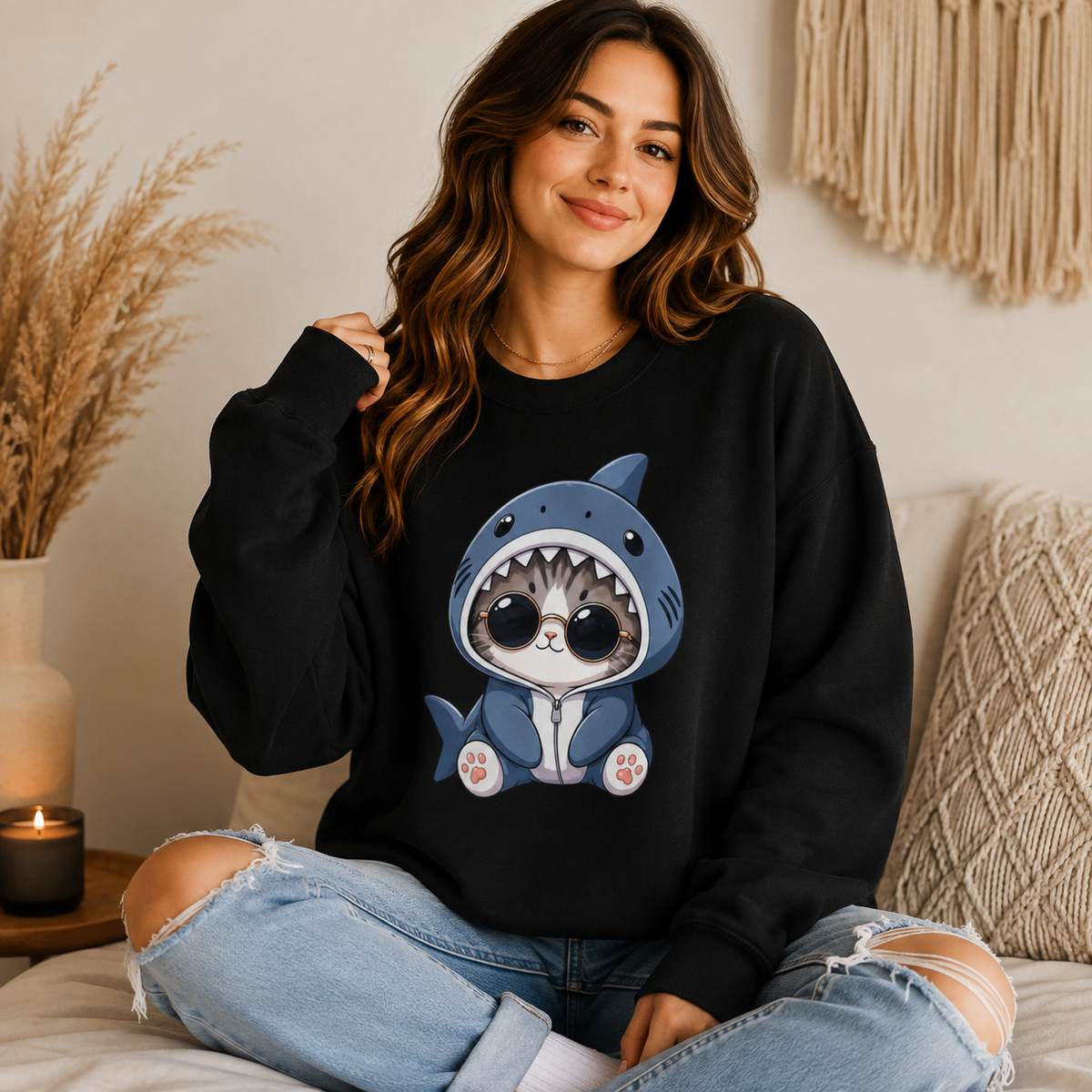 Cat in Shark Costume Crewneck Sweatshirt — Cute Kawaii Kitten Graphic Pullover