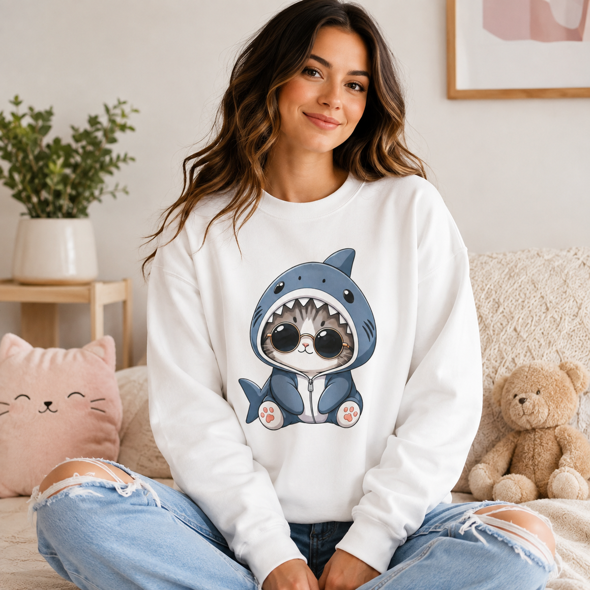 Cat in Shark Costume Crewneck Sweatshirt — Cute Kawaii Kitten Graphic Pullover