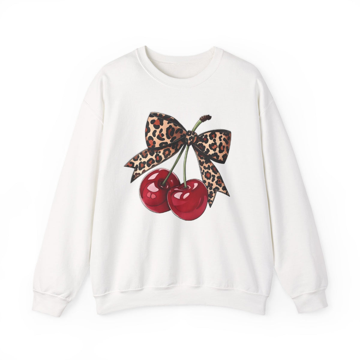 Cherry Pair Sweatshirt with Leopard Bow – Retro Pinup Graphic Crewneck