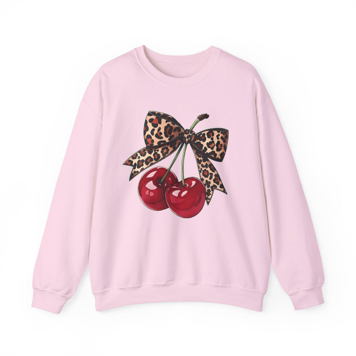 Cherry Pair Sweatshirt with Leopard Bow – Retro Pinup Graphic Crewneck