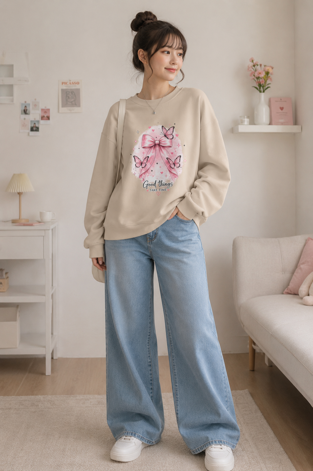 Pink Bow & Butterfly Sweatshirt – “Good Things Take Time” Inspirational Crewneck