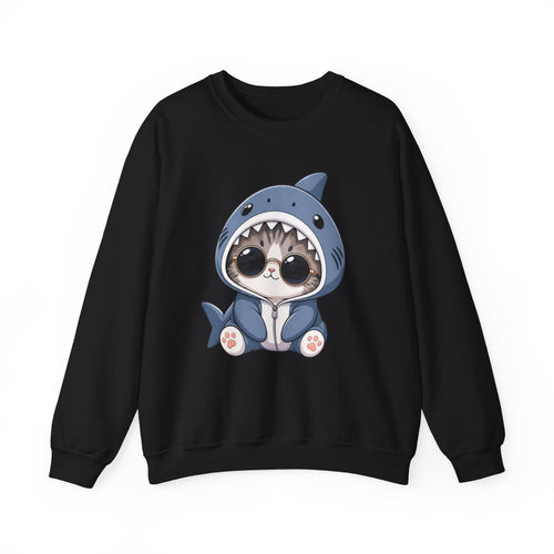 Cat in Shark Costume Crewneck Sweatshirt — Cute Kawaii Kitten Graphic Pullover