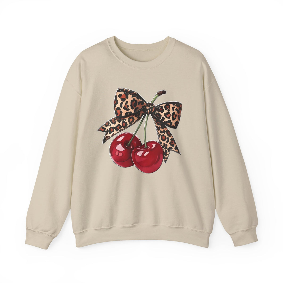 Cherry Pair Sweatshirt with Leopard Bow – Retro Pinup Graphic Crewneck