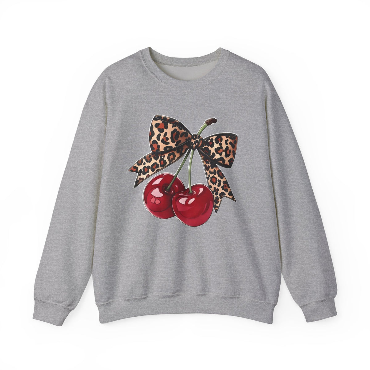 Cherry Pair Sweatshirt with Leopard Bow – Retro Pinup Graphic Crewneck