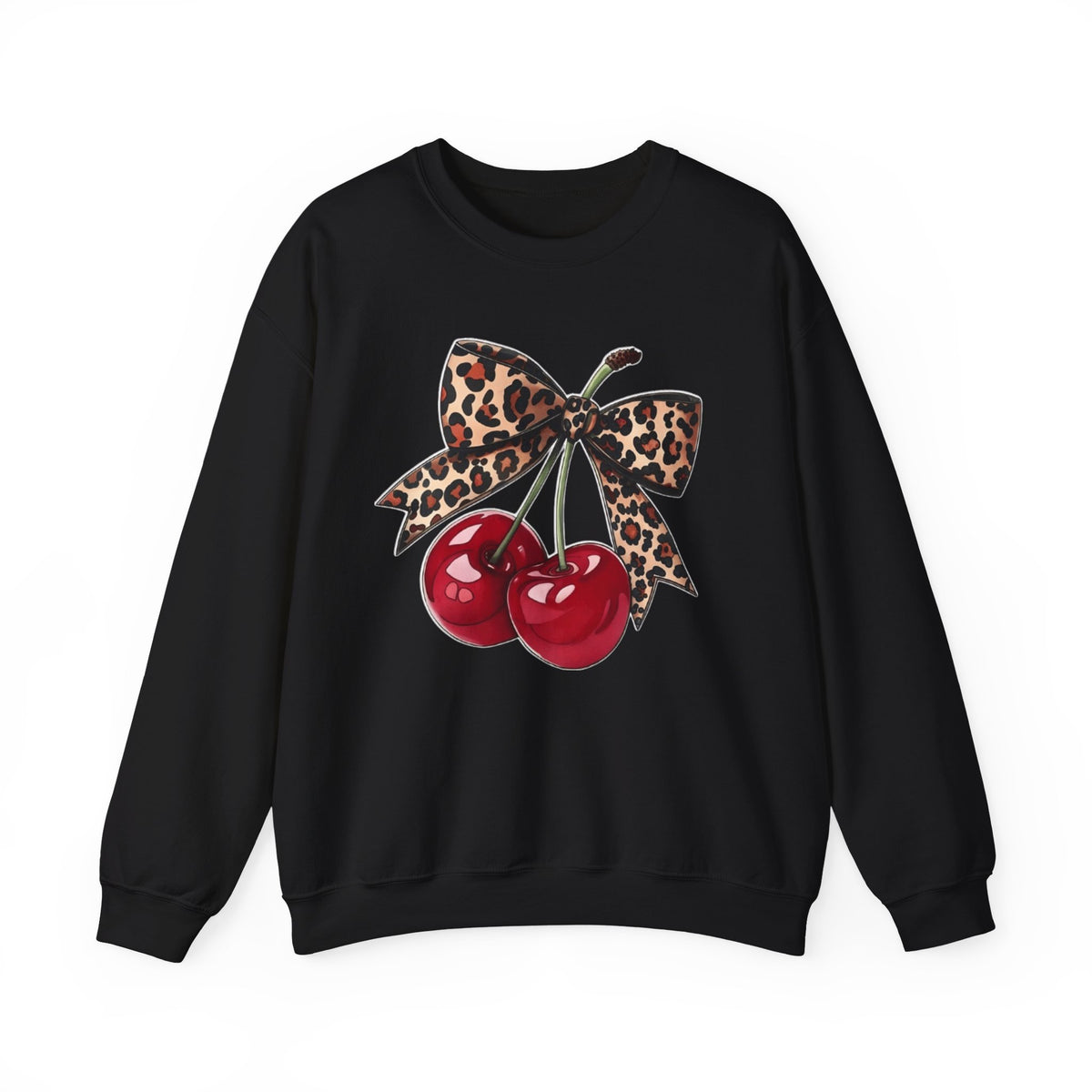 Cherry Pair Sweatshirt with Leopard Bow – Retro Pinup Graphic Crewneck