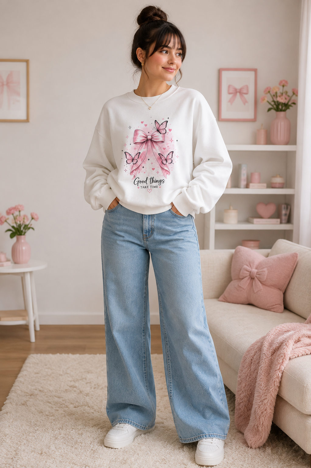 Pink Bow & Butterfly Sweatshirt – “Good Things Take Time” Inspirational Crewneck