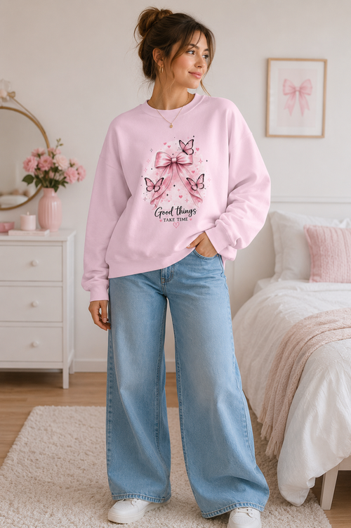 Pink Bow & Butterfly Sweatshirt – “Good Things Take Time” Inspirational Crewneck