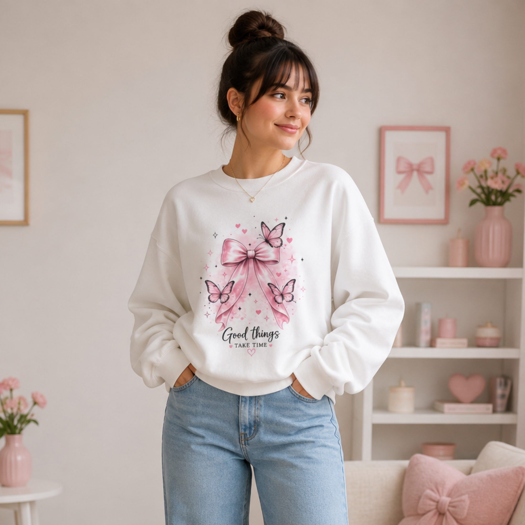Pink Bow & Butterfly Sweatshirt – “Good Things Take Time” Inspirational Crewneck