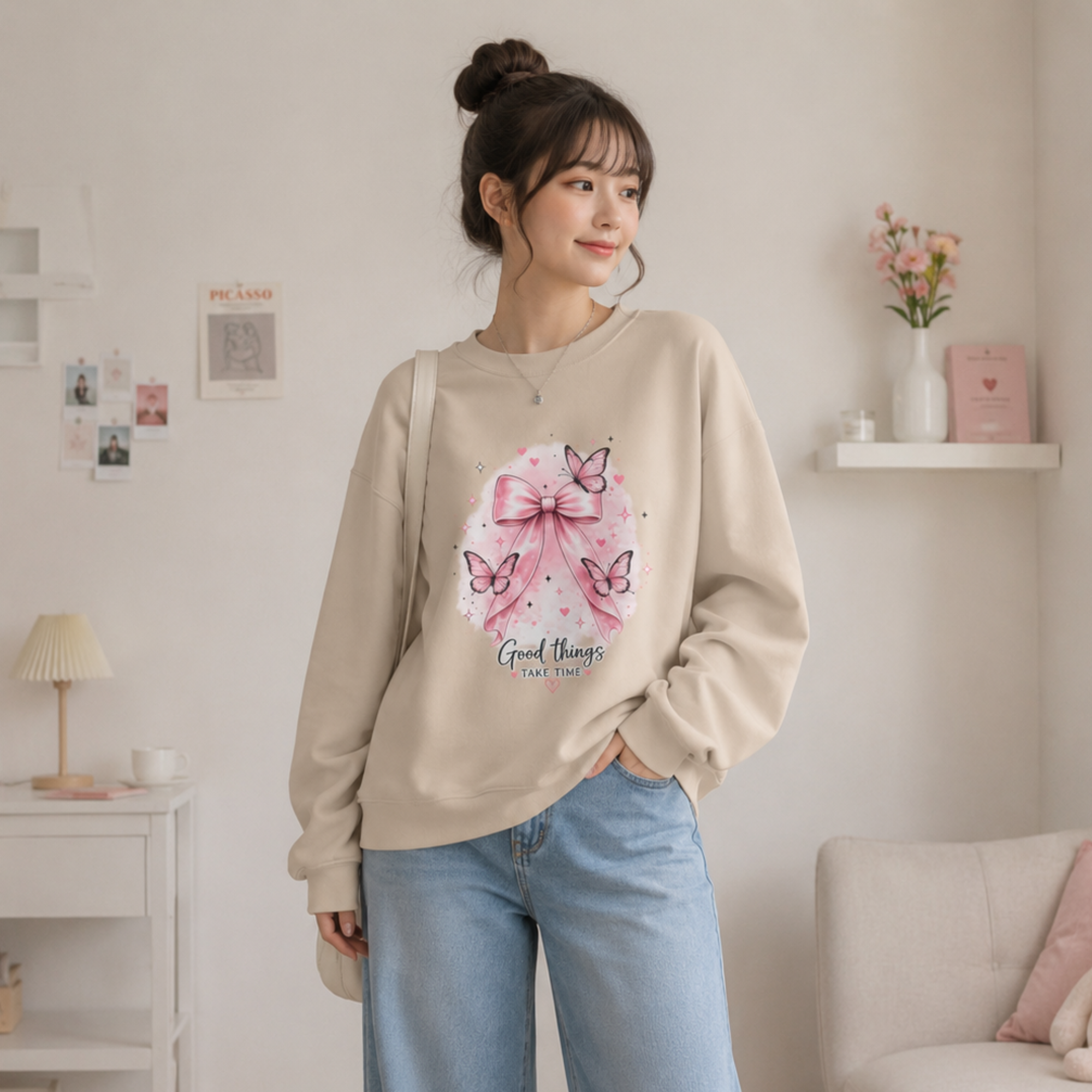Pink Bow & Butterfly Sweatshirt – “Good Things Take Time” Inspirational Crewneck